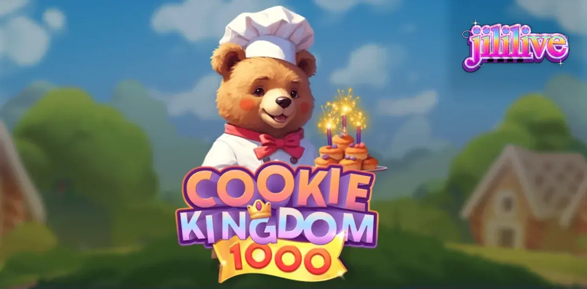 Cookie Kingdom 1000 স্লট গেমের রঙিন ইন্টারফেস এবং বেকার ভাল্লুকের দৃশ্য।